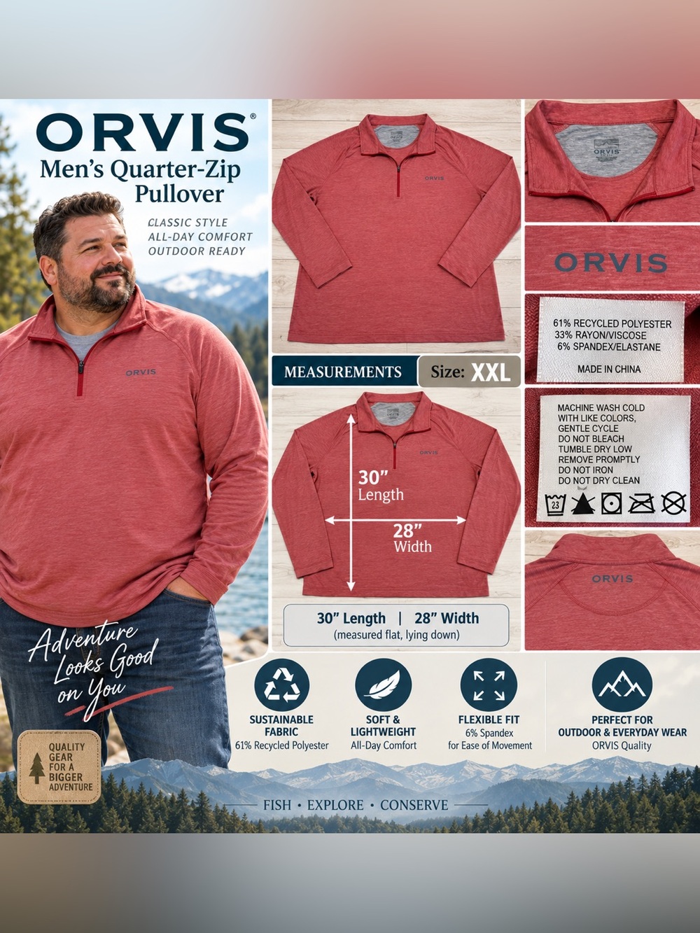 Orvis Men’s Quarter Zip Pullover XXL Heathered Coral Long Sleeve Performance